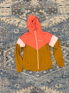 Cotopaxi Colorblock Hooded Windbreaker Jacket in Coral, Pink & Mustard